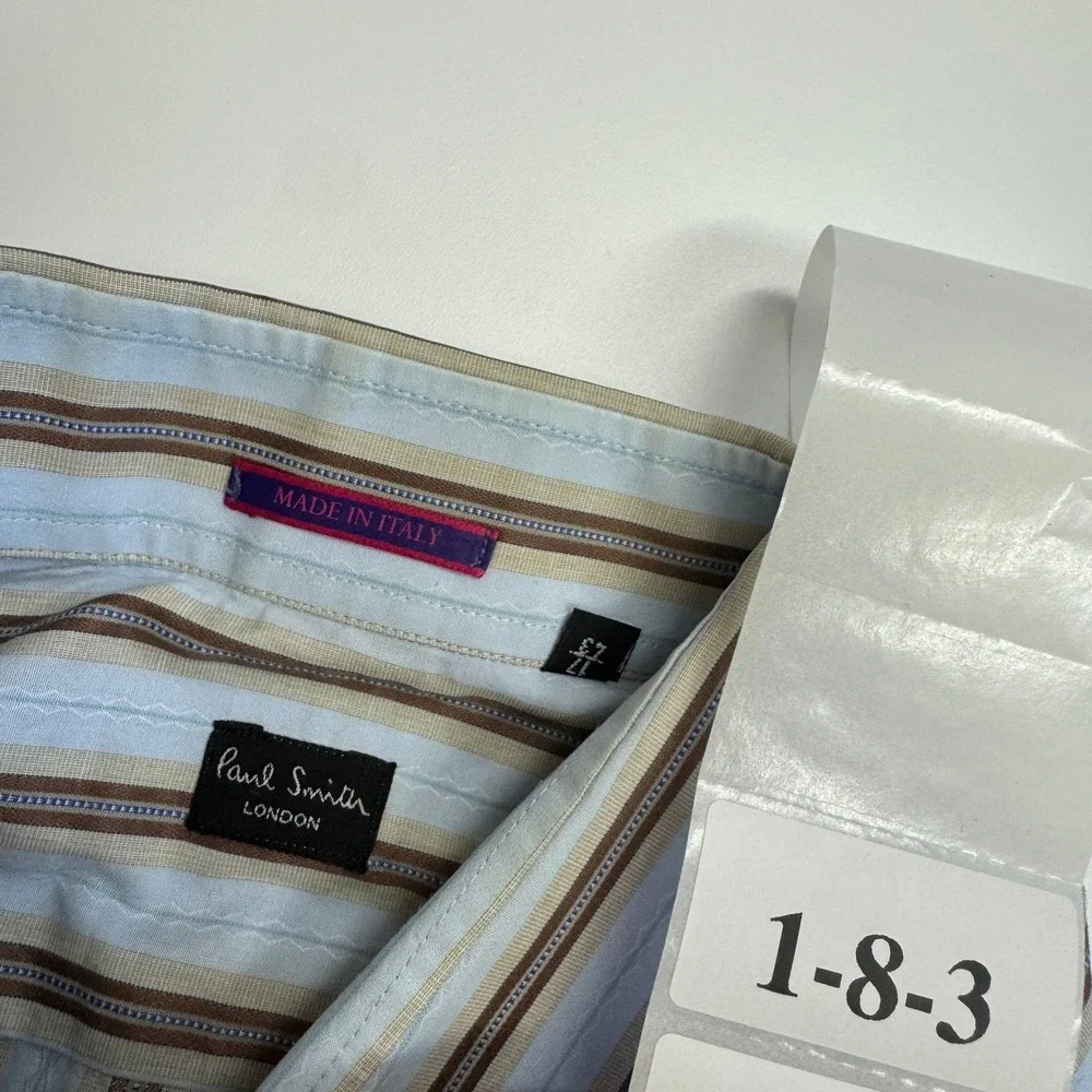Paul Smith Shirt Mens 17 Blue Brown Striped Button Up Designer Made In Italy‎